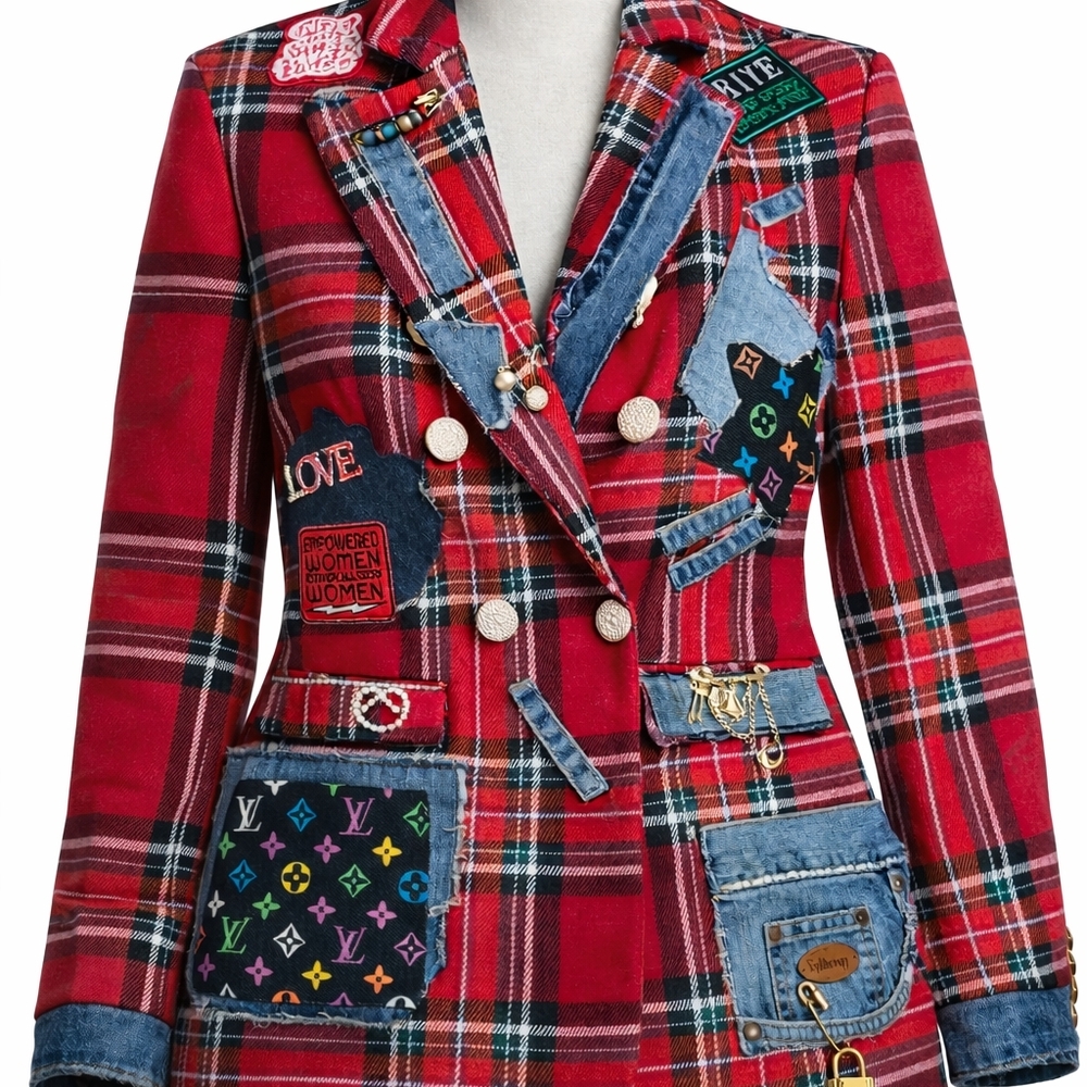 Upcycled Stylish Red Plaid Women's Jacket
